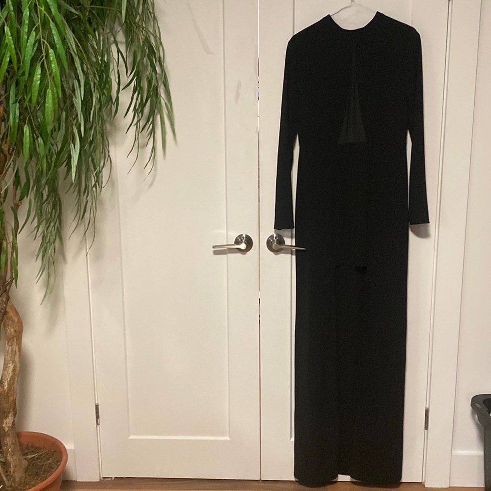 Beautiful halston heritage black dress, short in front long back mesh chest slit